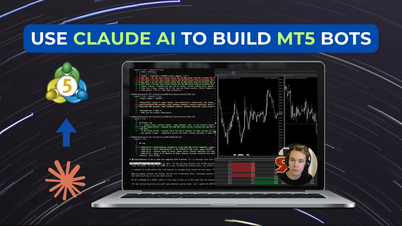 Claude building an MT5 bot in the terminal next to a live MetaTrader 5 chart
